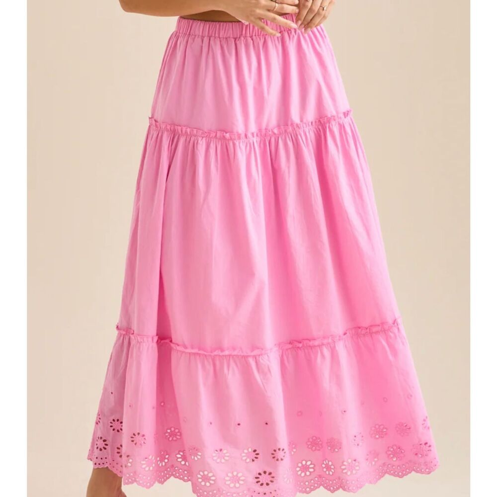 Light Pink Tiered eyelet lace skirt, mid calf - Picture 1 of 2